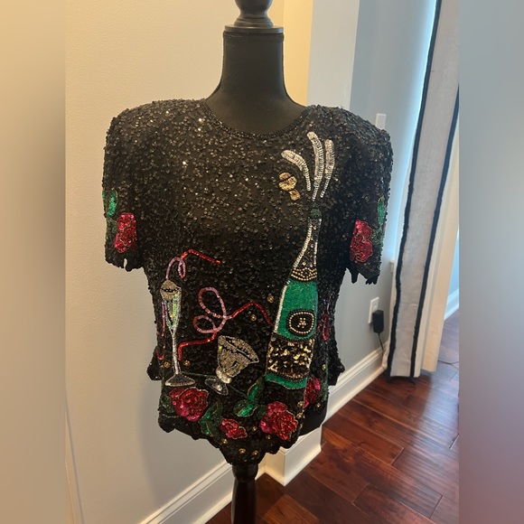 Vintage Laurence Kazar Sequined Silk Top New Year Champagne Roses Blouse EUC - Picture 1 of 10